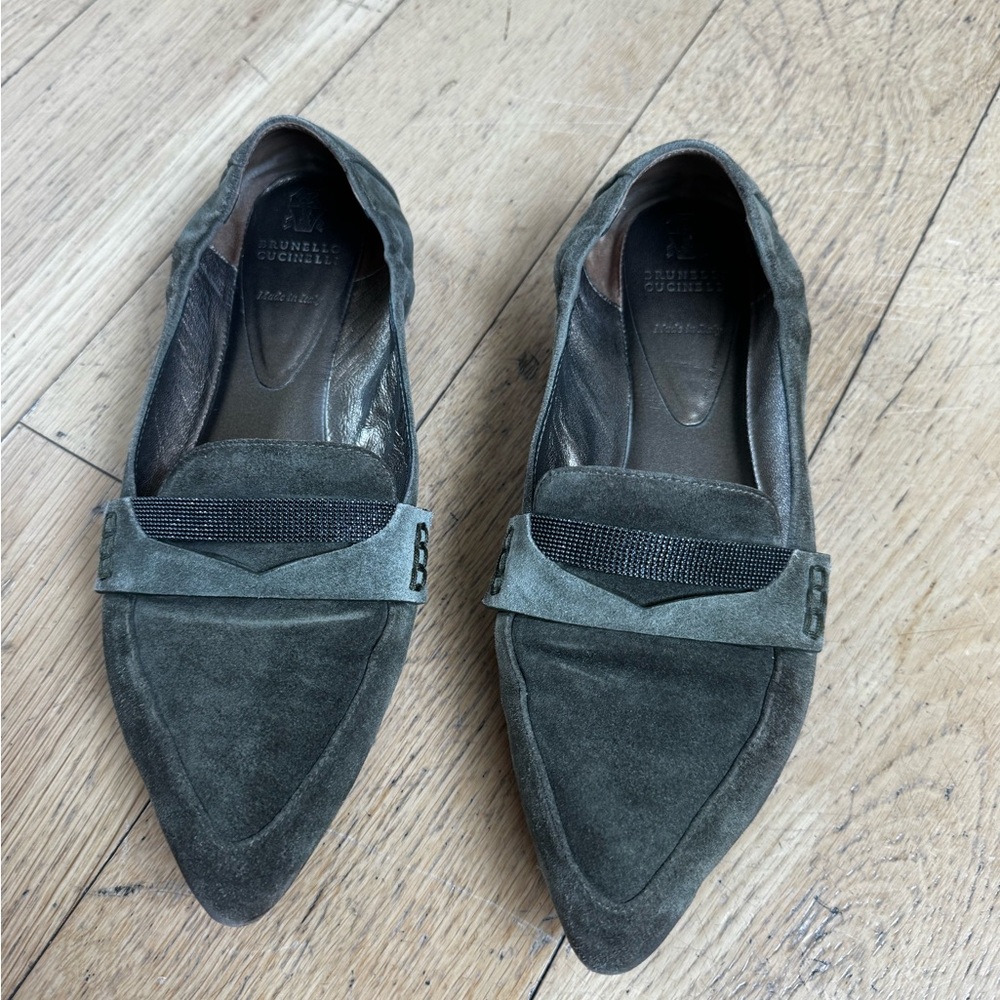 Brunello Cucinelli Olive Green Suede Pointed Loafers with Monili